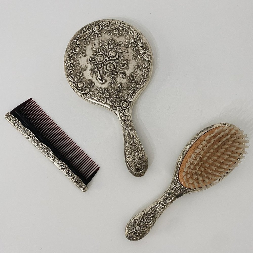 VTG Silver Ornate Handheld Mirror Brush Comb Vanity Set